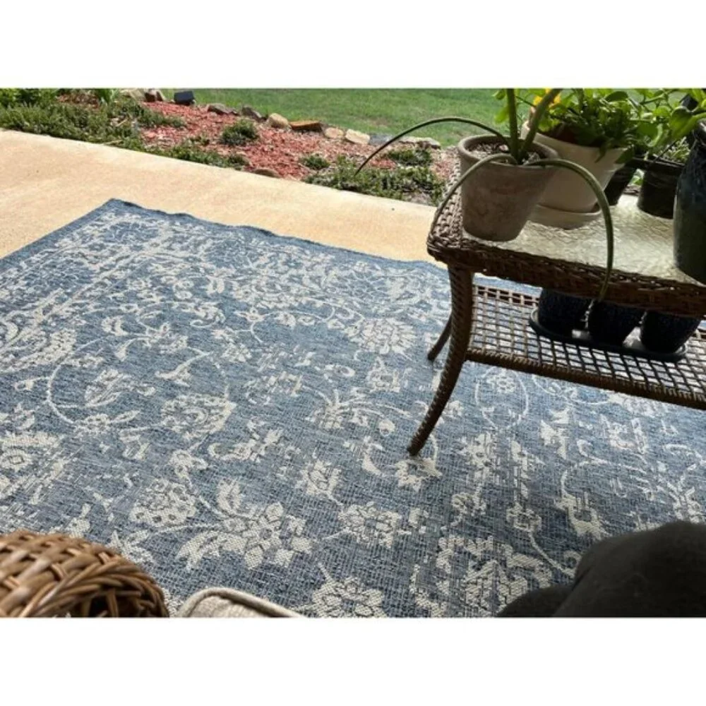 New 8x10 Boho Navy Gray Rug Indoor Outdoor Non-Slip Area Carpet for Home & Patio